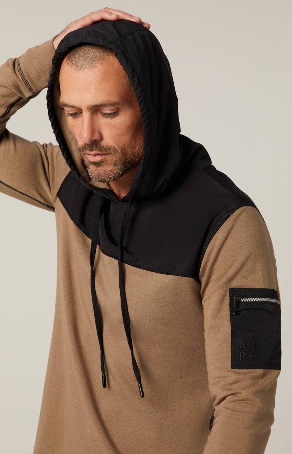 Rowan Ii Hoodie by Alp N Rock, Men's Tan Hoodie With Black Accents at the Hood, Chest and Pocket