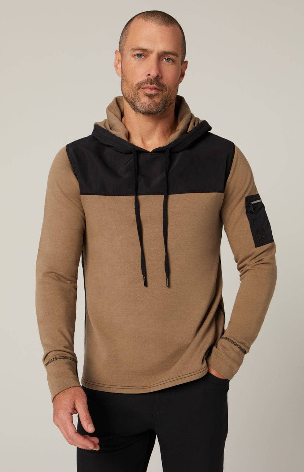 Rowan Ii Hoodie by Alp N Rock, Men's Tan Hoodie With Black Accents at the Hood, Chest and Pocket