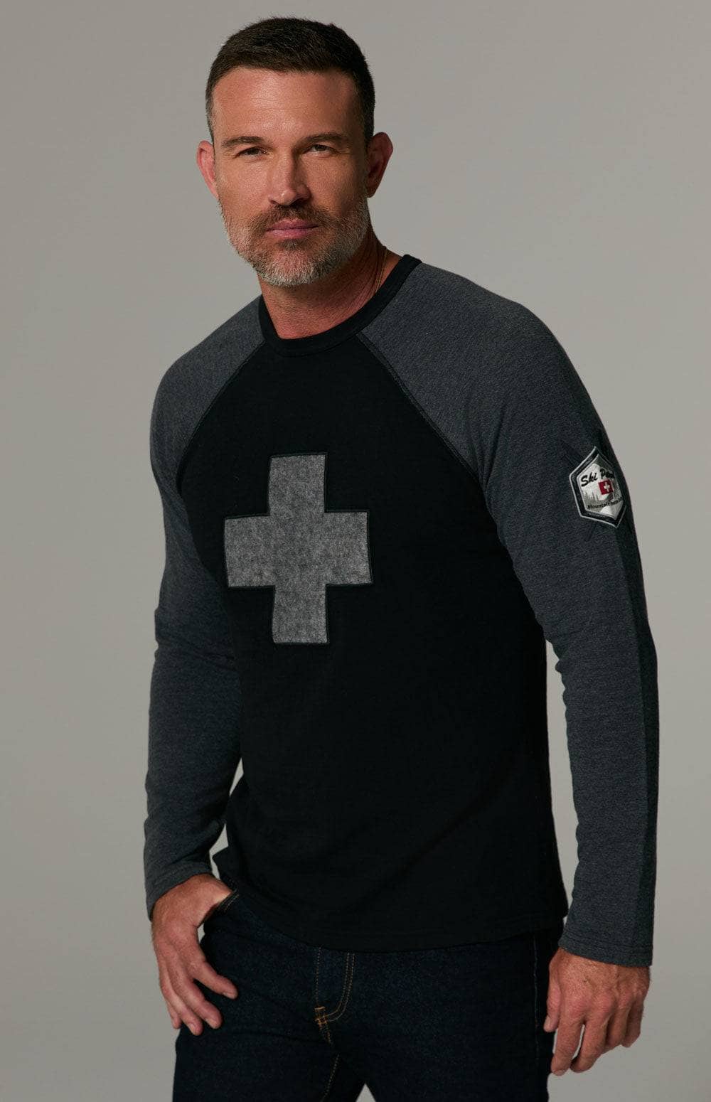 Ski Patrol Crew by Alp N Rock, Men's Longsleeve Black Crewneck Ski Shirt with Grey Sleeves and Cross on Chest