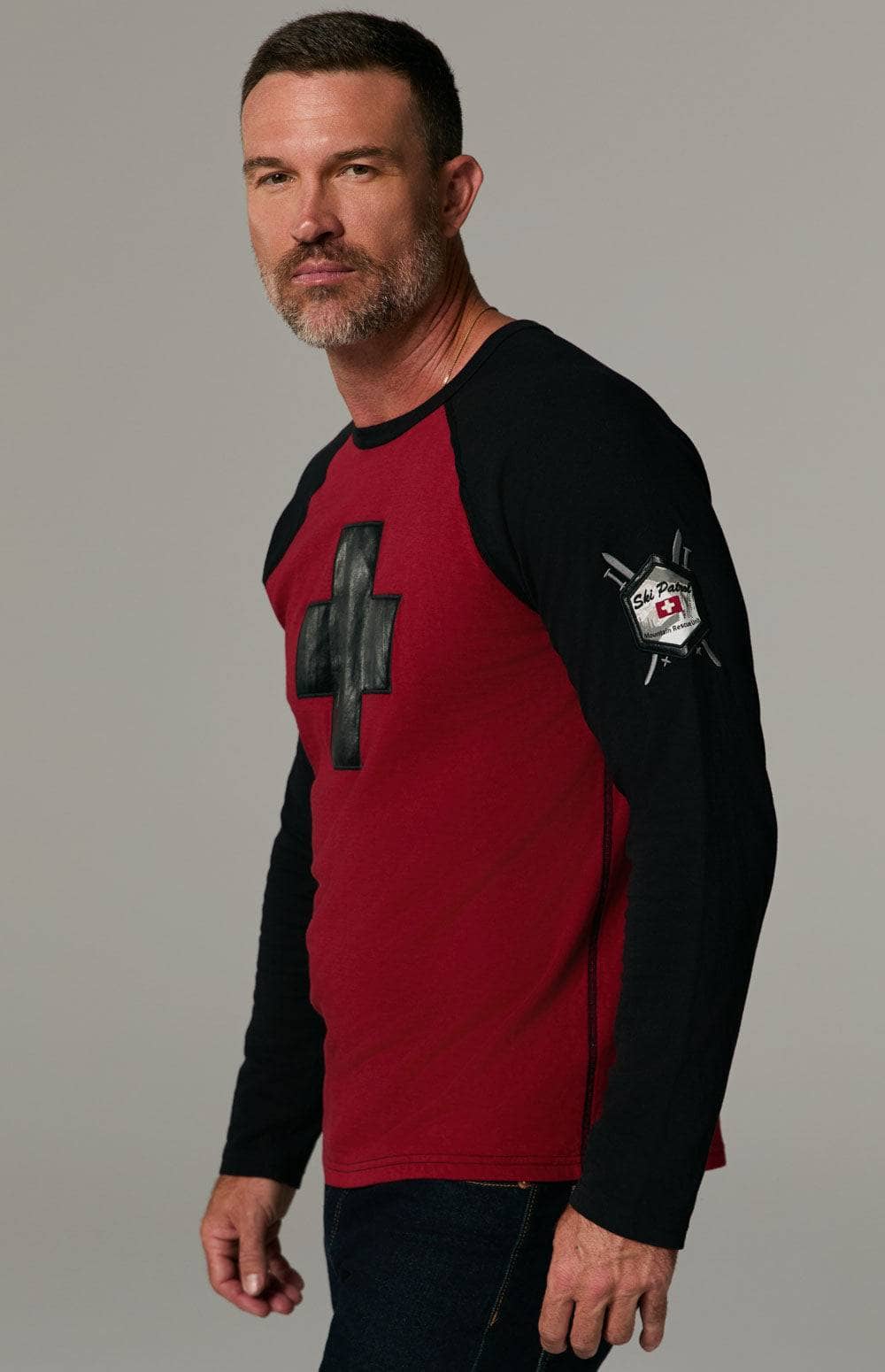 Ski Patrol Crew by Alp N Rock, Men's Red and Black Long Sleeve Shirt with Faux Leather Cross on Chest