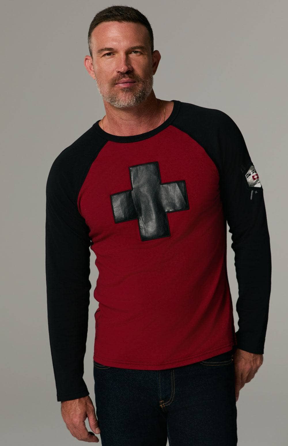 Ski Patrol Crew by Alp N Rock, Men's Red and Black Long Sleeve Shirt with Faux Leather Cross on Chest