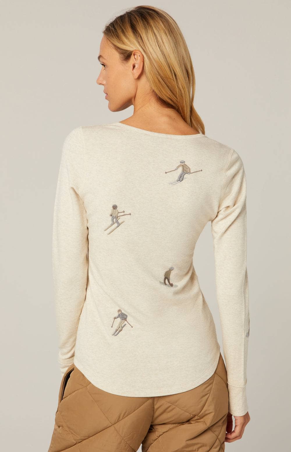 Slope Henley Shirt by Alp N Rock, Women's Ski Henley Shirt, Ivory With Embroidered Skiers and Buttons