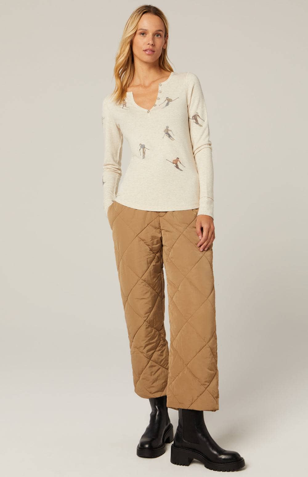 Slope Henley Shirt by Alp N Rock, Women's Ski Henley Shirt, Ivory With Embroidered Skiers and Buttons