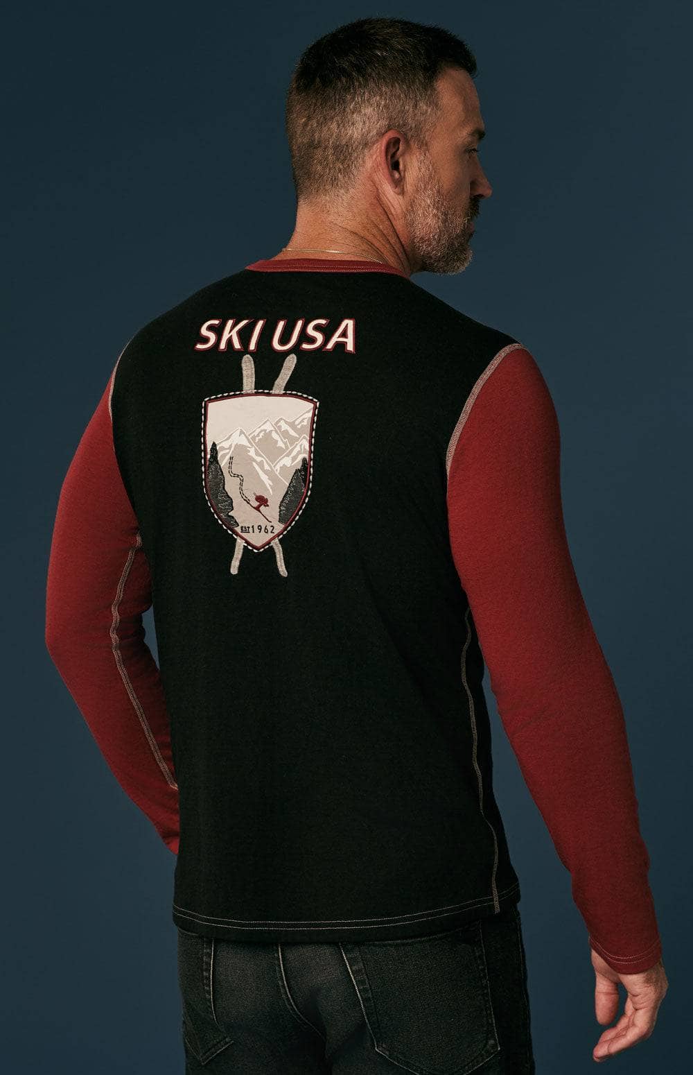 USA Ski 1962 Crew by Alp N Rock, Men's Red and Black Long Sleeve Ski Shirt with Ski Patches on Chest, Back, and Arms