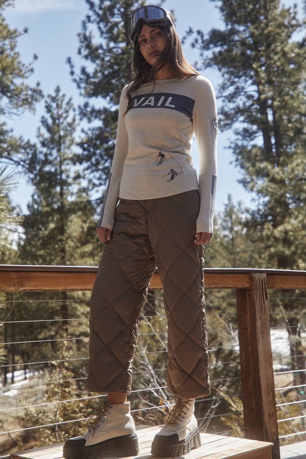 Vail Ski Crew by Alp N Rock, Women's Ski Henley Shirt, Ivory With Embroidery and Ski Patch