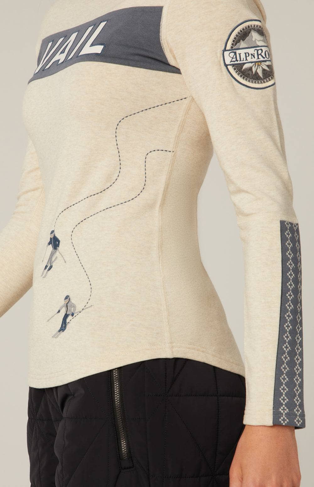 Vail Ski Crew by Alp N Rock, Women's Ski Henley Shirt, Ivory With Embroidery and Ski Patch