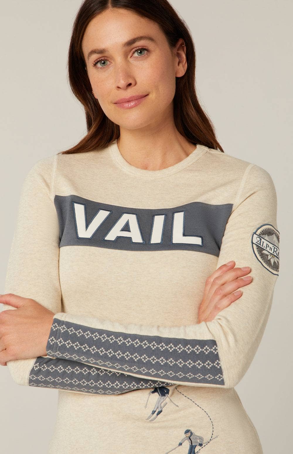 Vail Ski Crew by Alp N Rock, Women's Ski Henley Shirt, Ivory With Embroidery and Ski Patch