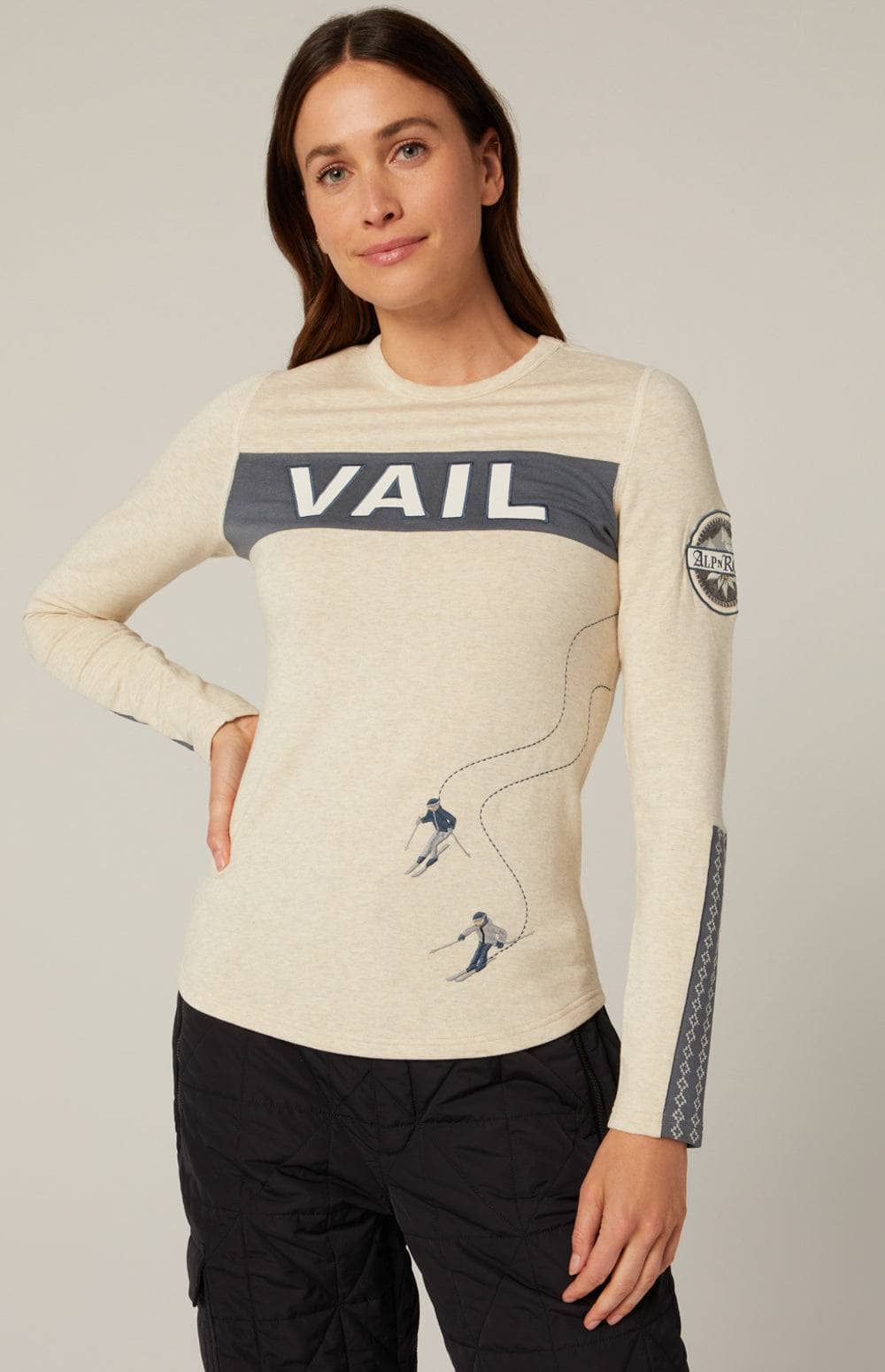 Vail Ski Crew by Alp N Rock, Women's Ski Henley Shirt, Ivory With Embroidery and Ski Patch