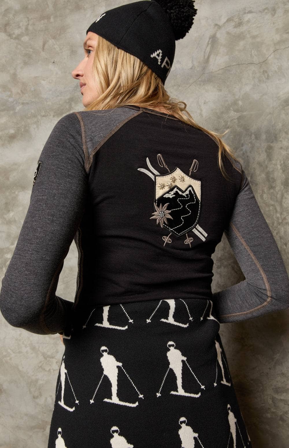 Chantal Crew by Alp N Rock, Women's Crew Shirt in Black and Heather Grey With Embroidery and Patch