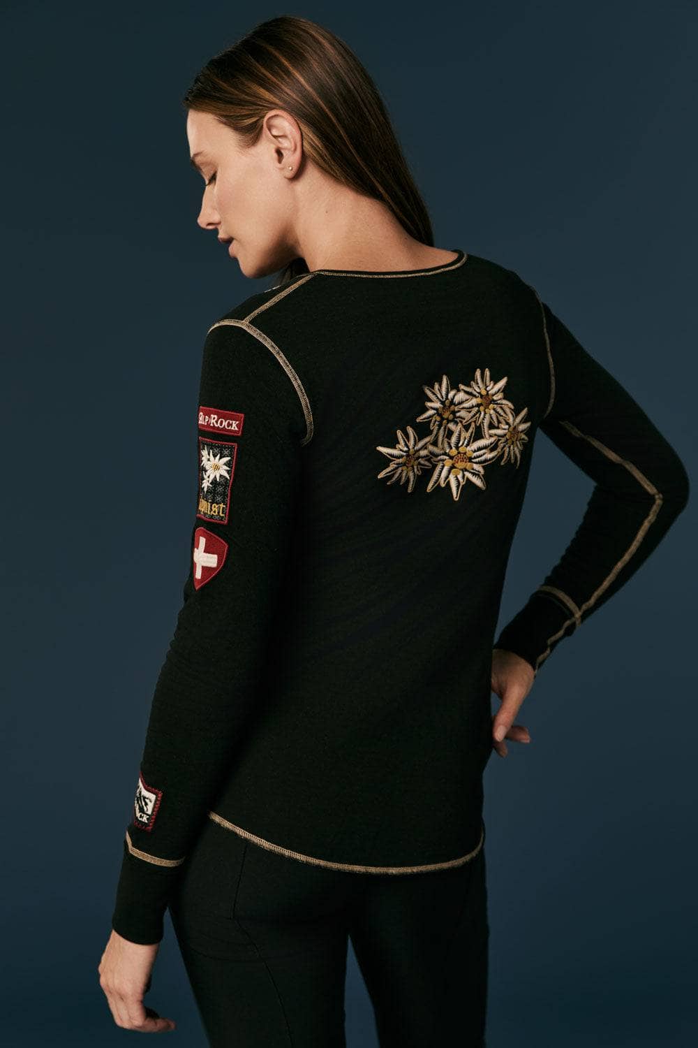 Edelweiss Henley Shirt by Alp N Rock, Women's Black Henley Shirt With Embroidered Flowers and Ski Patches