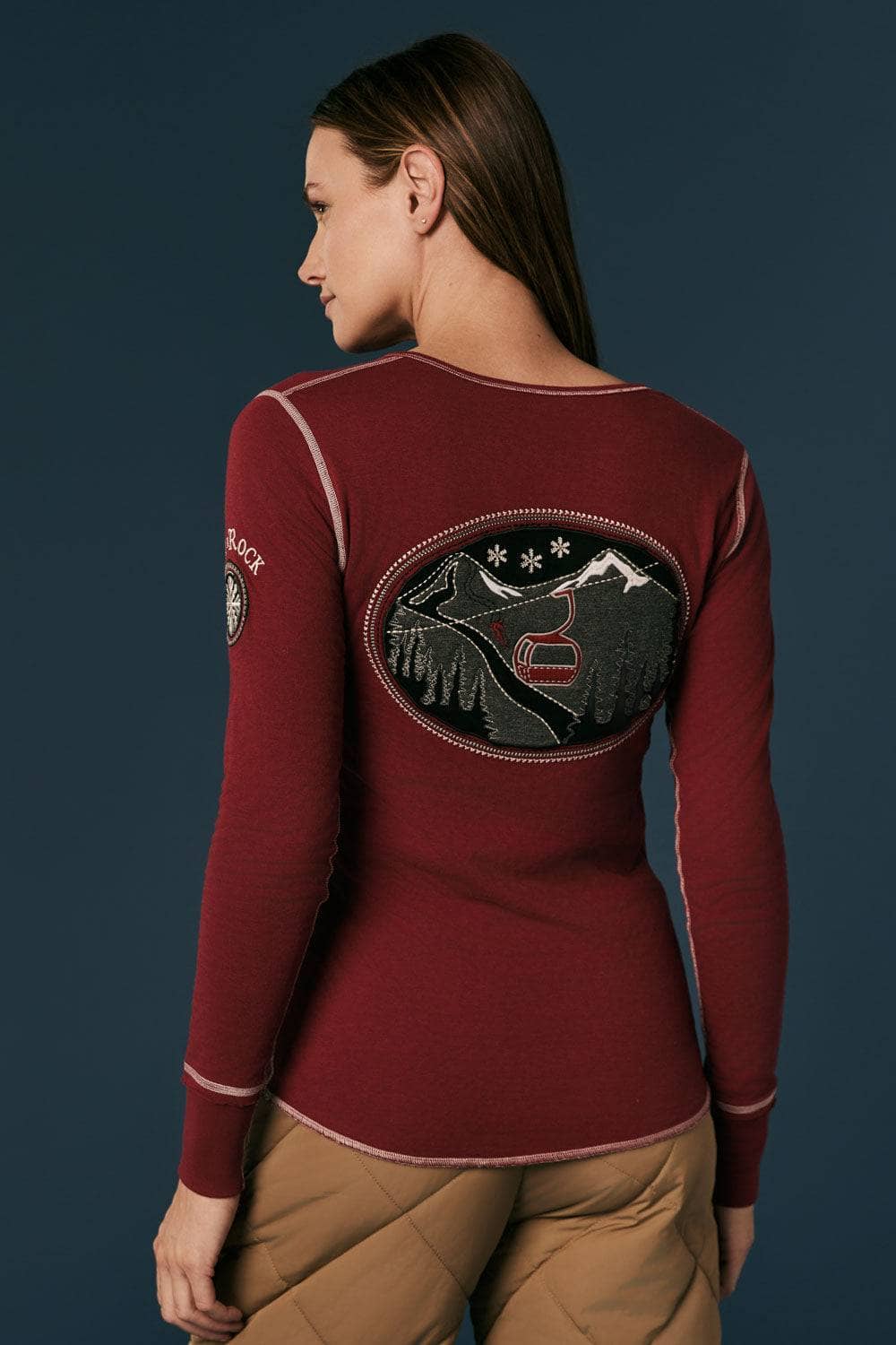 Elia Henley Shirt by Alp N Rock, Women's Red Henley Shirt With Embroidery and Ski Patch