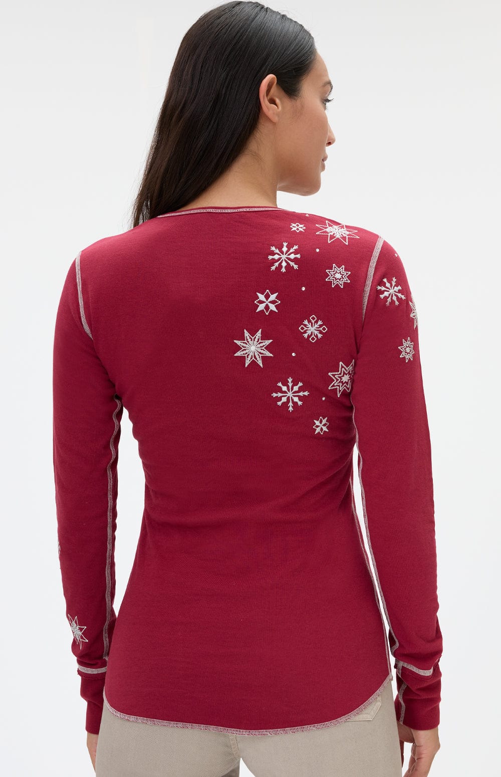 Estee Henley Shirt by Alp N Rock, Women's Red Henley Shirt with Embroidered Snowflakes on Front and Back