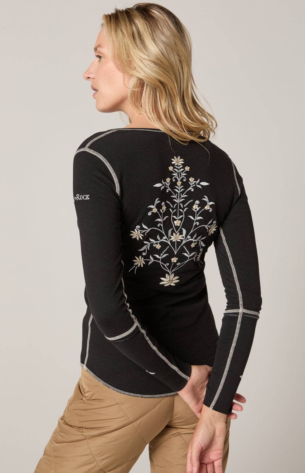 Flora Henley Shirt by Alp N Rock, Women's Black Henley Shirt with Embroidered Flowers on the Sleeves