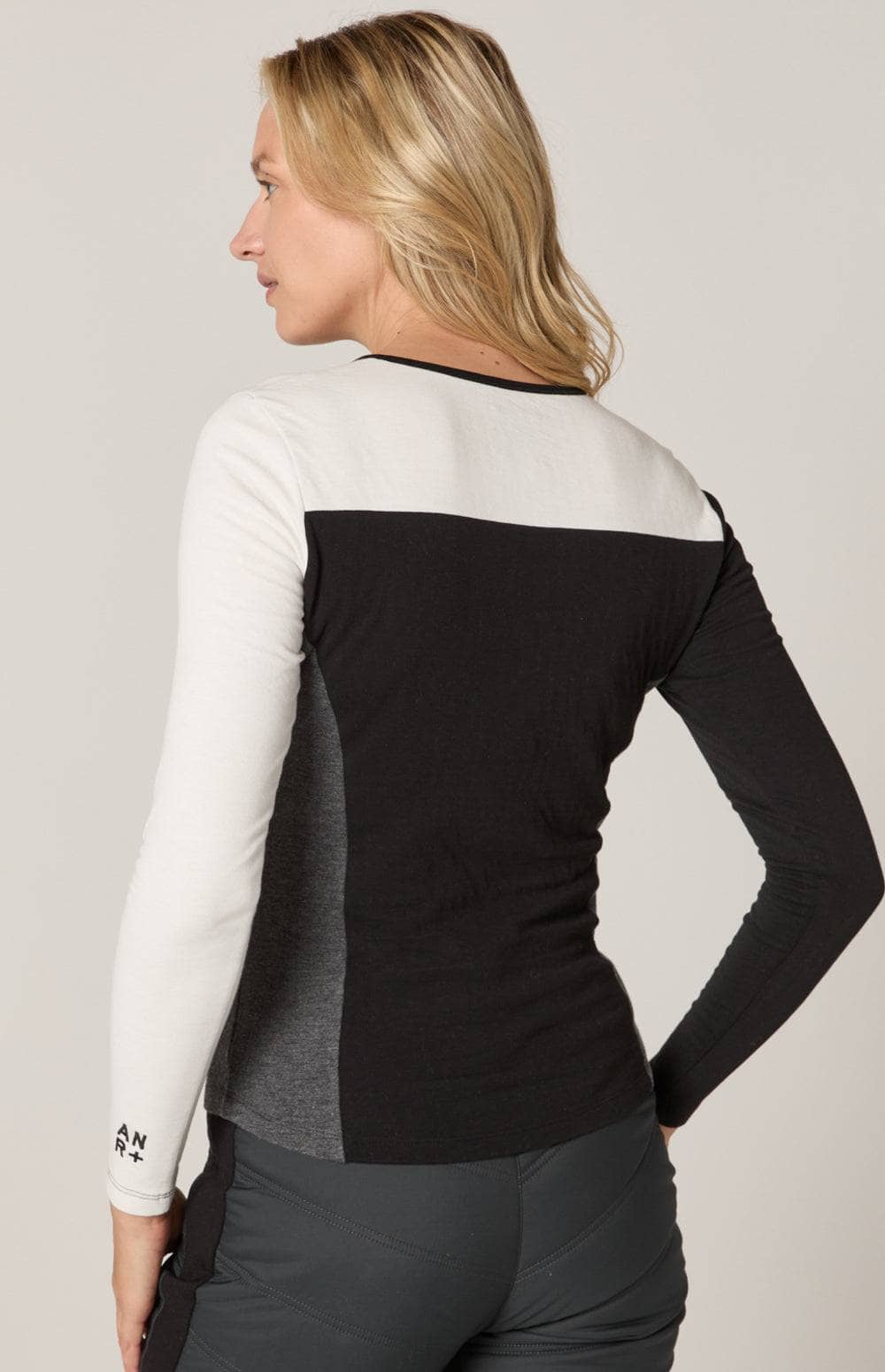 Gemma Henley Shirt, Wome's Black Henley Shirt with Black Bodice, Grey Sides, and White Sleeves