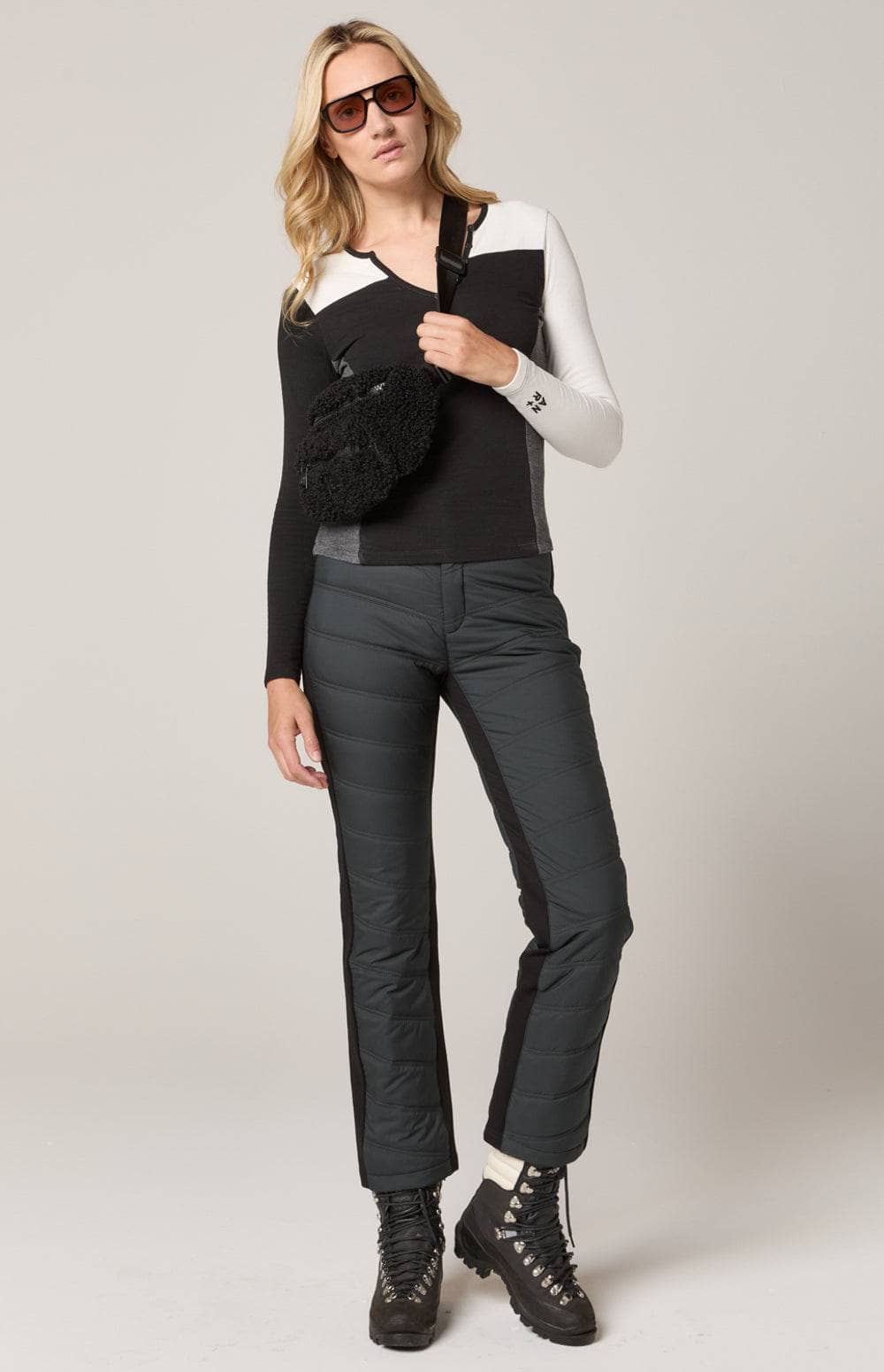 Gemma Henley Shirt, Wome's Black Henley Shirt with Black Bodice, Grey Sides, and White Sleeves