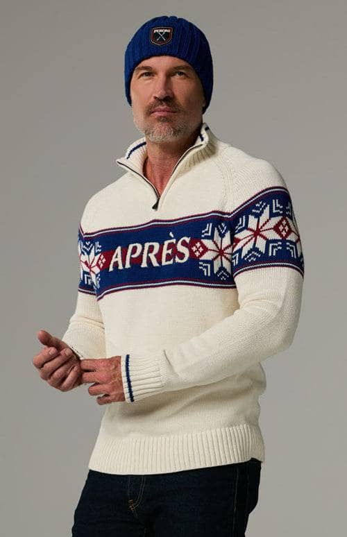 Peroni X Alp N Rock FairIsle Zip Sweater, Men's Ivory Half Zip Ski Sweater with Red and Blue Fair Isle Pattern