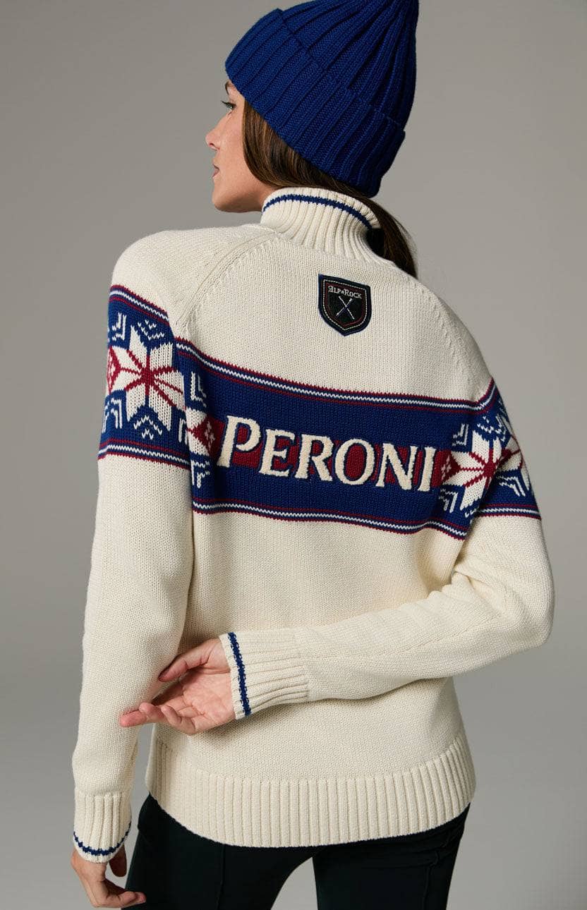 Peroni X Alp N Rock FairIsle Zip Sweater, Men's Ivory Half Zip Ski Sweater with Red and Blue Fair Isle Pattern