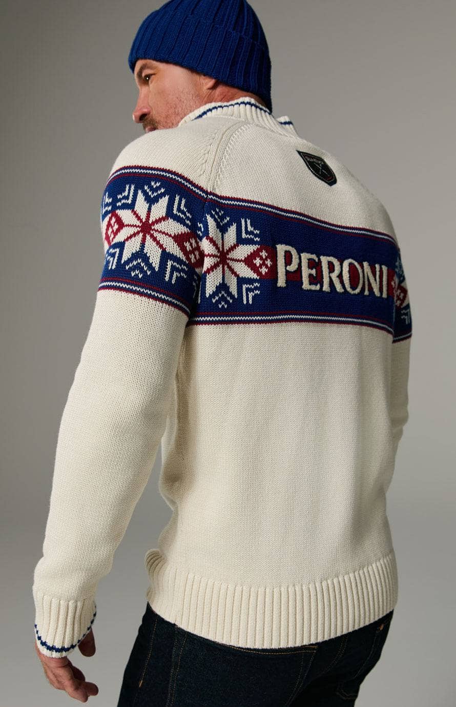 Peroni X Alp N Rock FairIsle Zip Sweater, Men's Ivory Half Zip Ski Sweater with Red and Blue Fair Isle Pattern