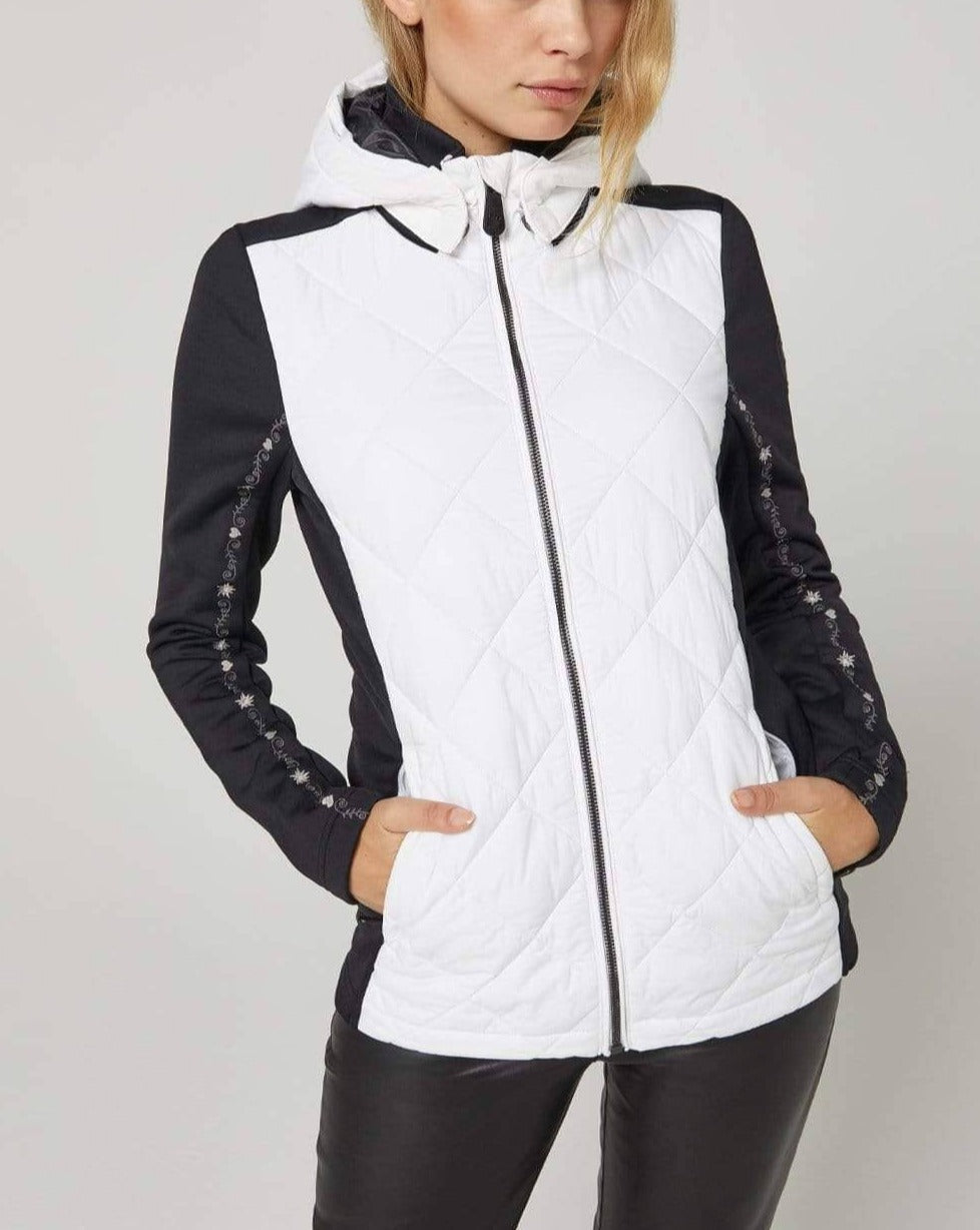 Lugano Alpine Jacket by Alp N Rock, Women's Black and White Jacket with Quilting and Floral Detail on the Sleeves