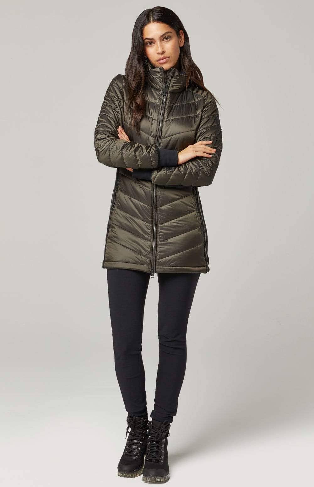 Marlowe Jacket by Alp N Rock, Women's Long Olive Green Lightweight Puffer Jacket with Hood