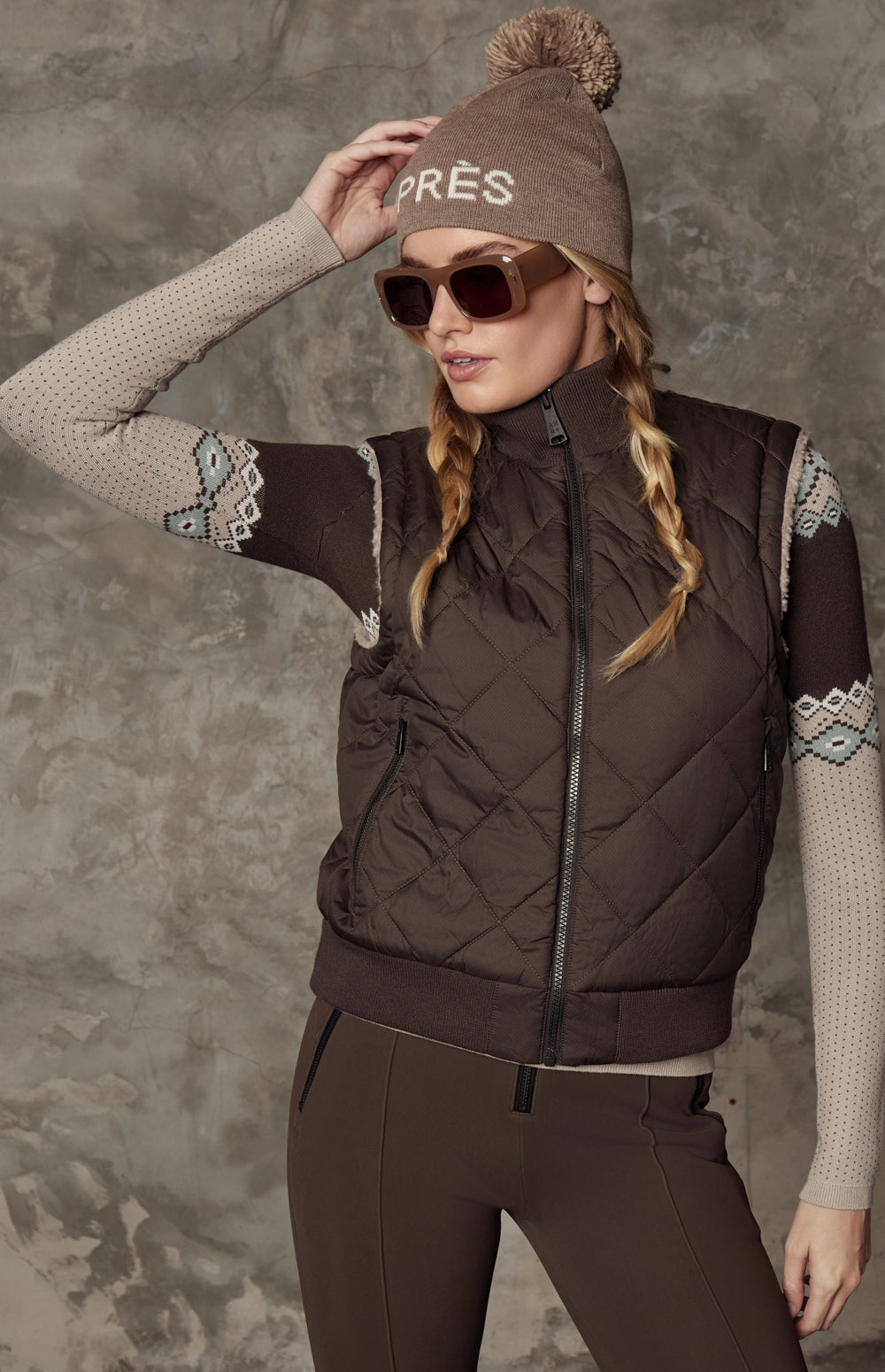 Alp N Rock Atlas Vest, brown quilting and beige shearling reversible zip vest for women
