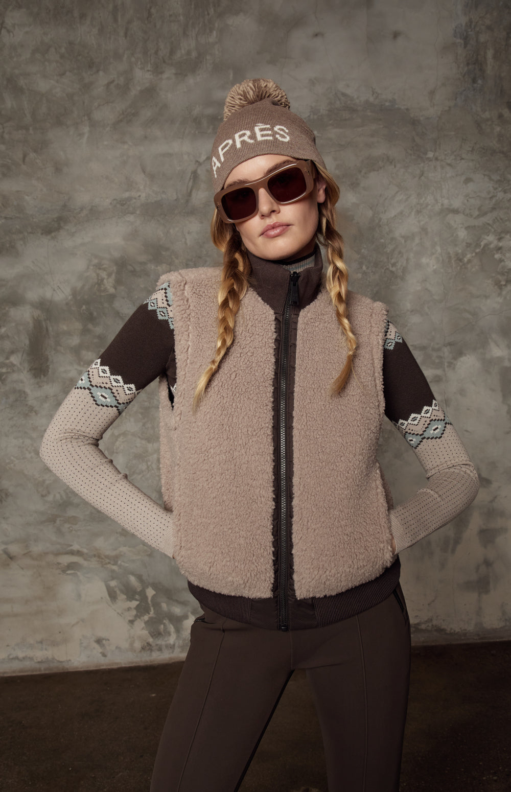 Alp N Rock Atlas Vest, brown quilting and beige shearling reversible zip vest for women
