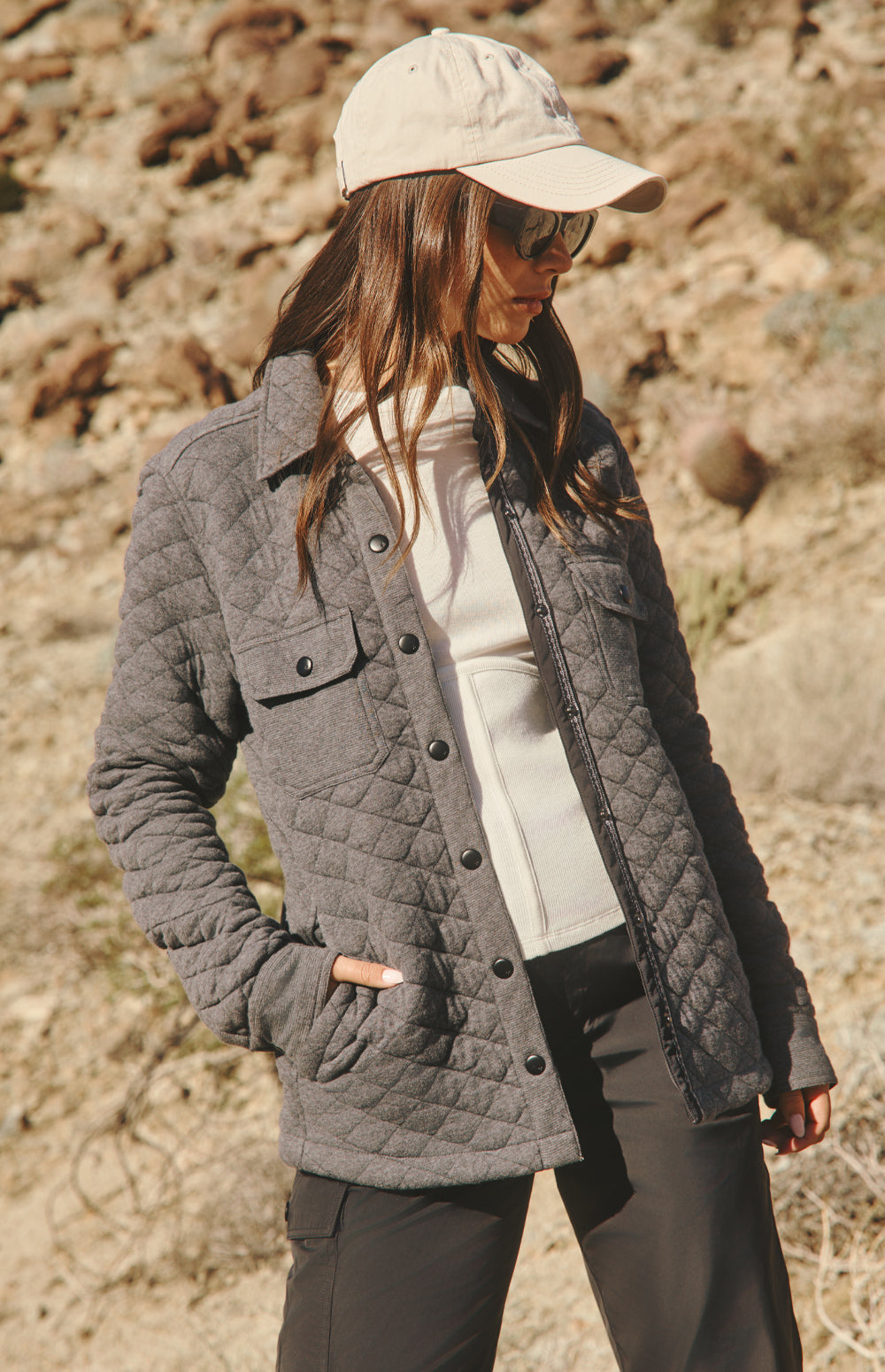 Alp N Rock Cambria Jacket, heather grey quilted shirt jacket for women with patch pockets