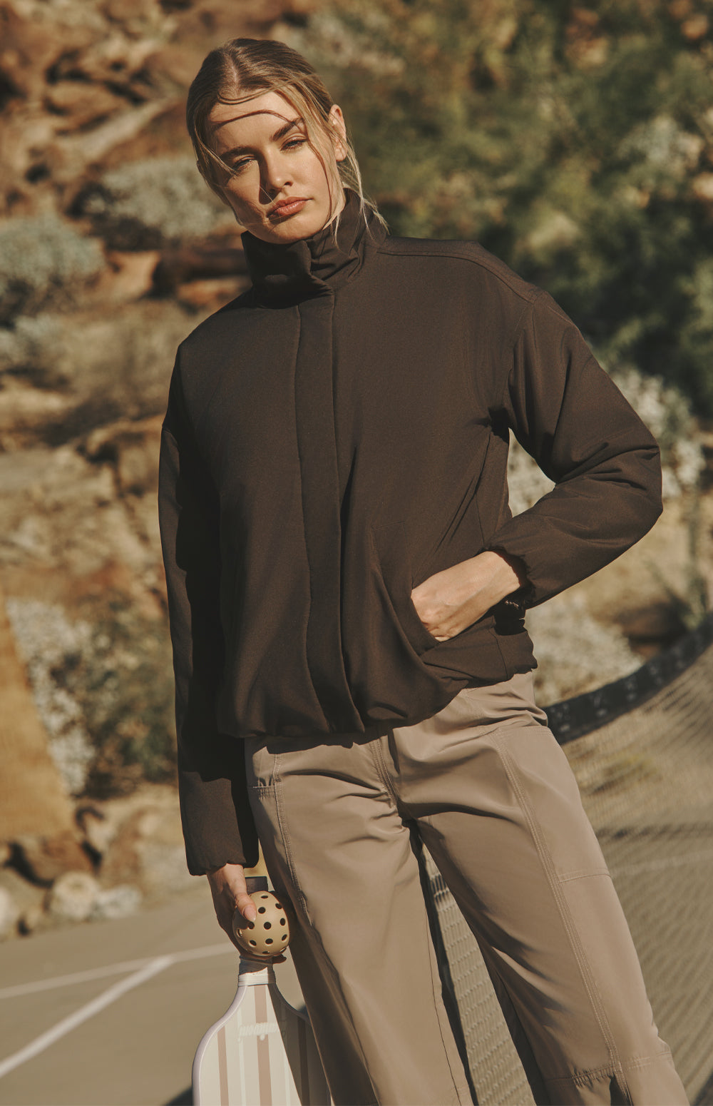 Alp N Rock Catalina Jacket, lightweight dark brown jacket for women with high neck and slant pockets