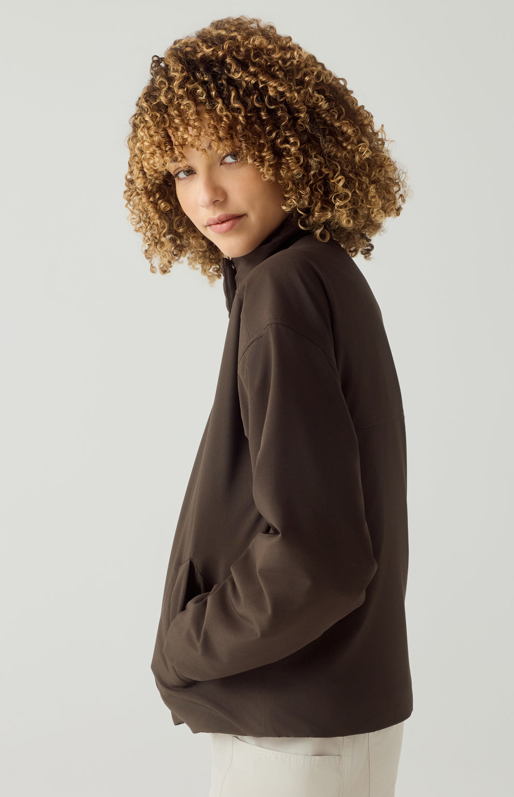 Alp N Rock Catalina Jacket, lightweight dark brown jacket for women with high neck and slant pockets