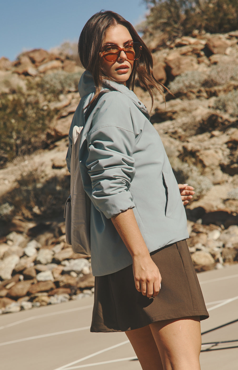 Alp N Rock Catalina Jacket, lightweight silver blue jacket for women with high neck and slant pockets