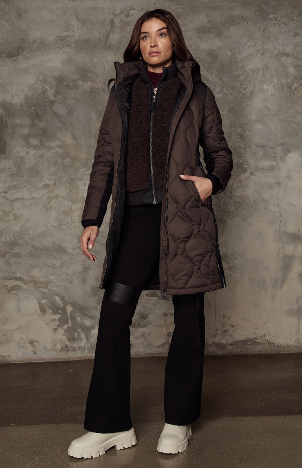 Alp N Rock Chamonix Long Jacket, dark brown quilted hooded long puffer coat for women