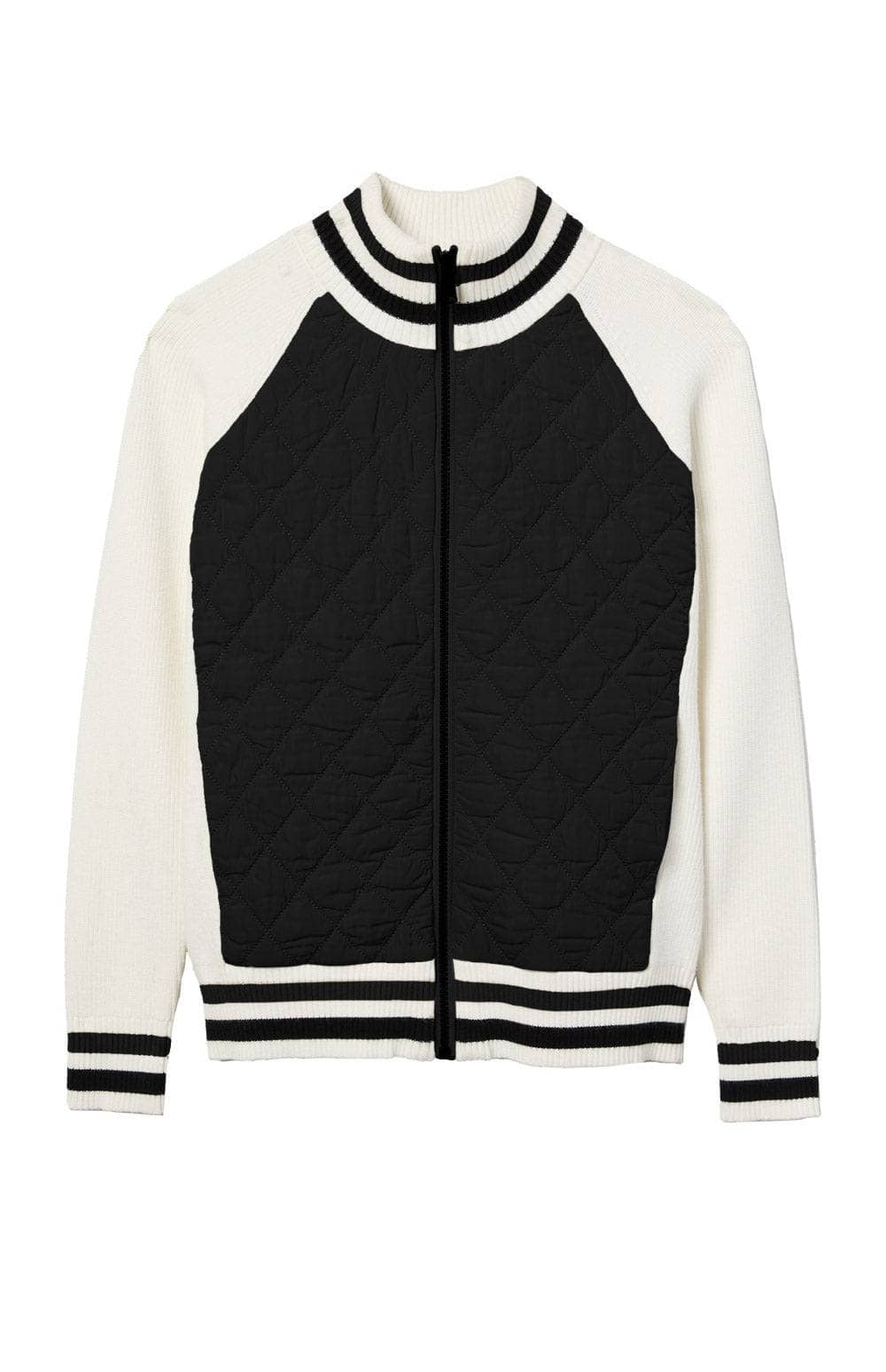 Alp N Rock Harlow Quilted Jacket, Women's White Knit Jacket with Black Quilting, and Stripes at the Collar, Hem, and Sleeves