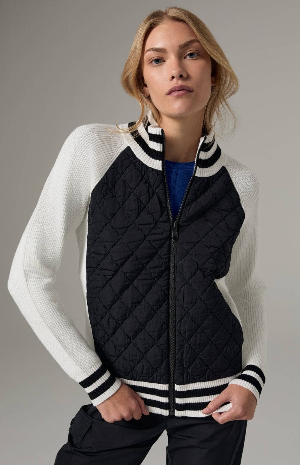 Alp N Rock Harlow Quilted Jacket, Women's White Knit Jacket with Black Quilting, and Stripes at the Collar, Hem, and Sleeves