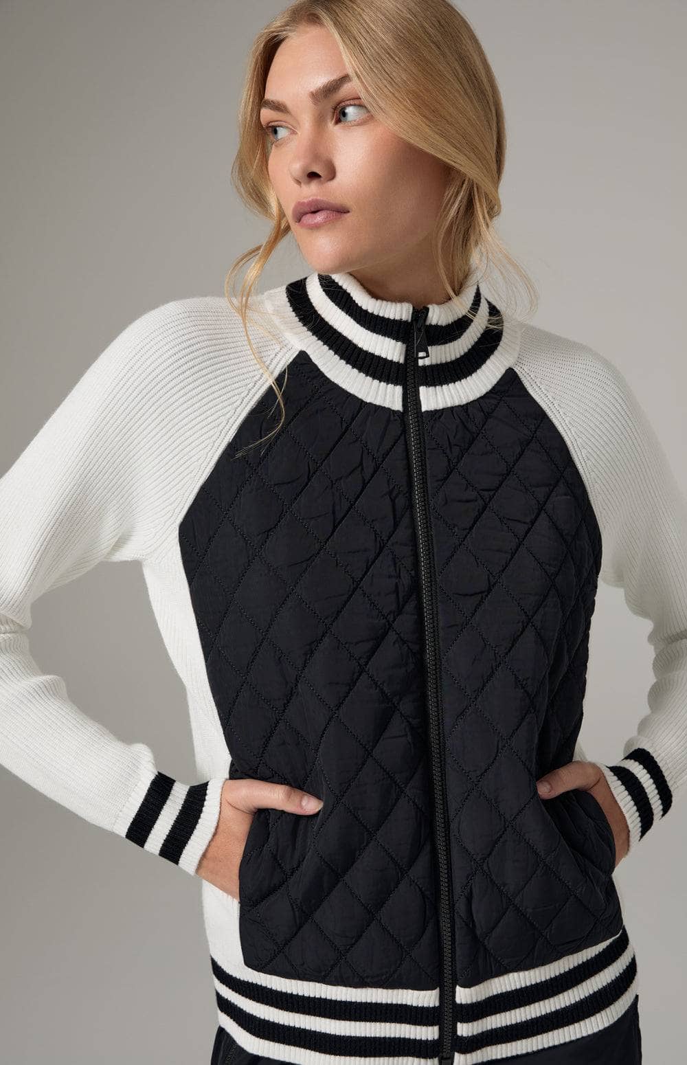 Alp N Rock Harlow Quilted Jacket, Women's White Knit Jacket with Black Quilting, and Stripes at the Collar, Hem, and Sleeves