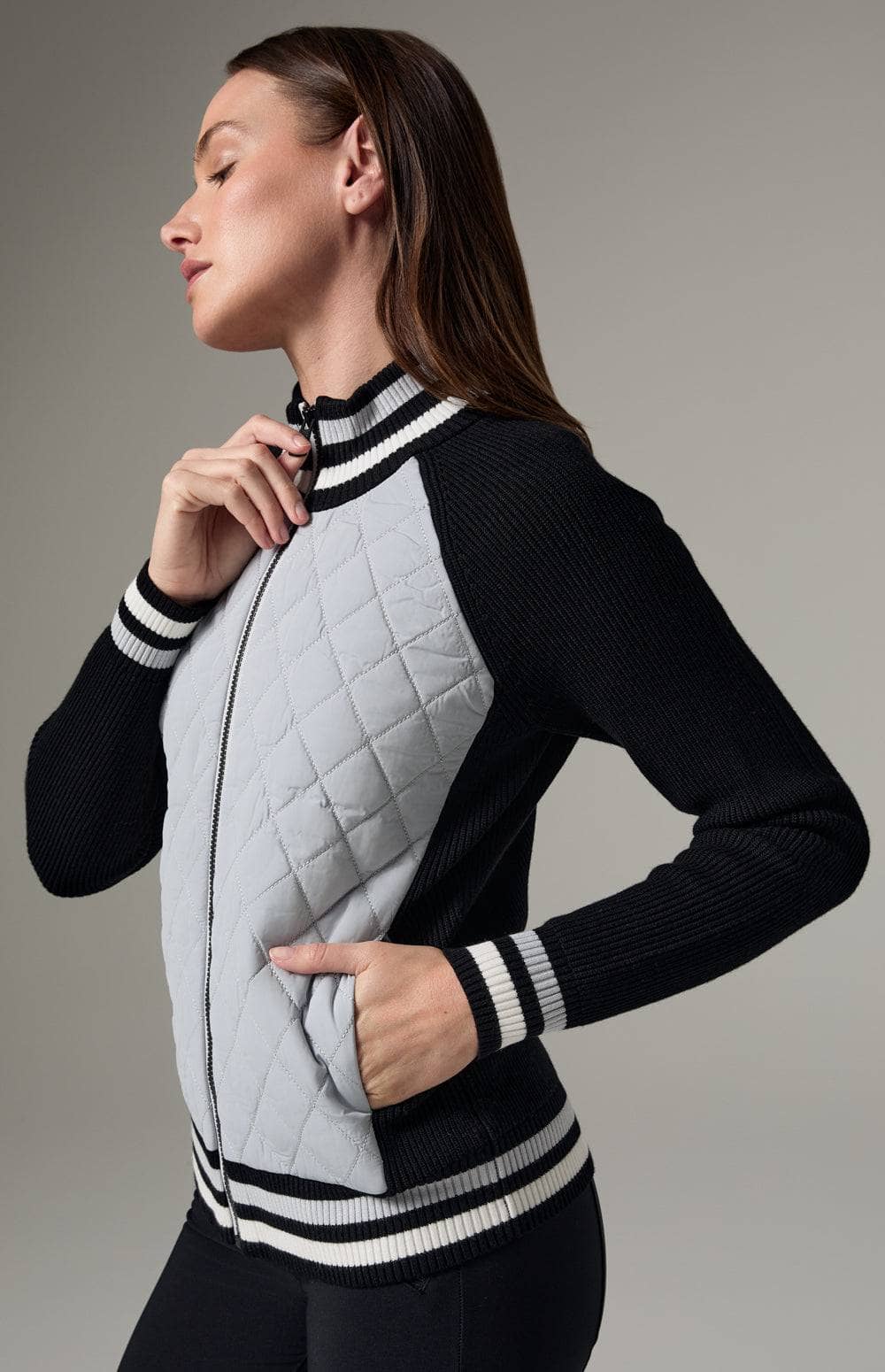 Alp N Rock Harlow Quilted Jacket, Women's Black Knit Jacket with Grey Quilting, and Stripes at the Collar, Hem, and Sleeves