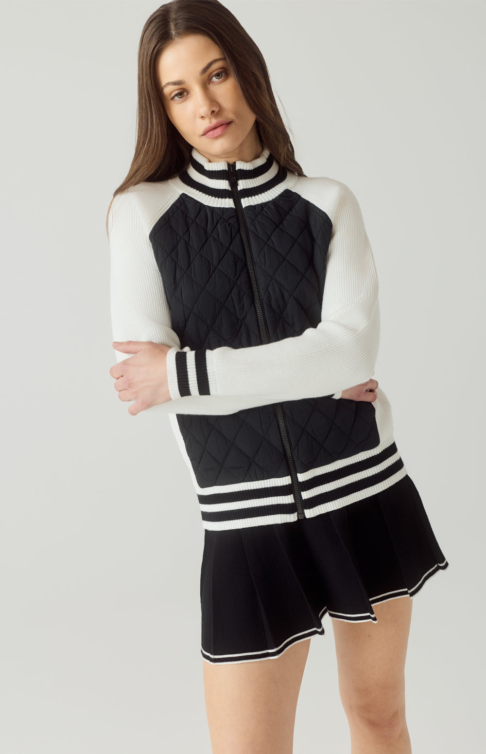Alp N Rock Harlow Jacket, black jacket for women with knit sleeves, stripe trim, and quilted body.