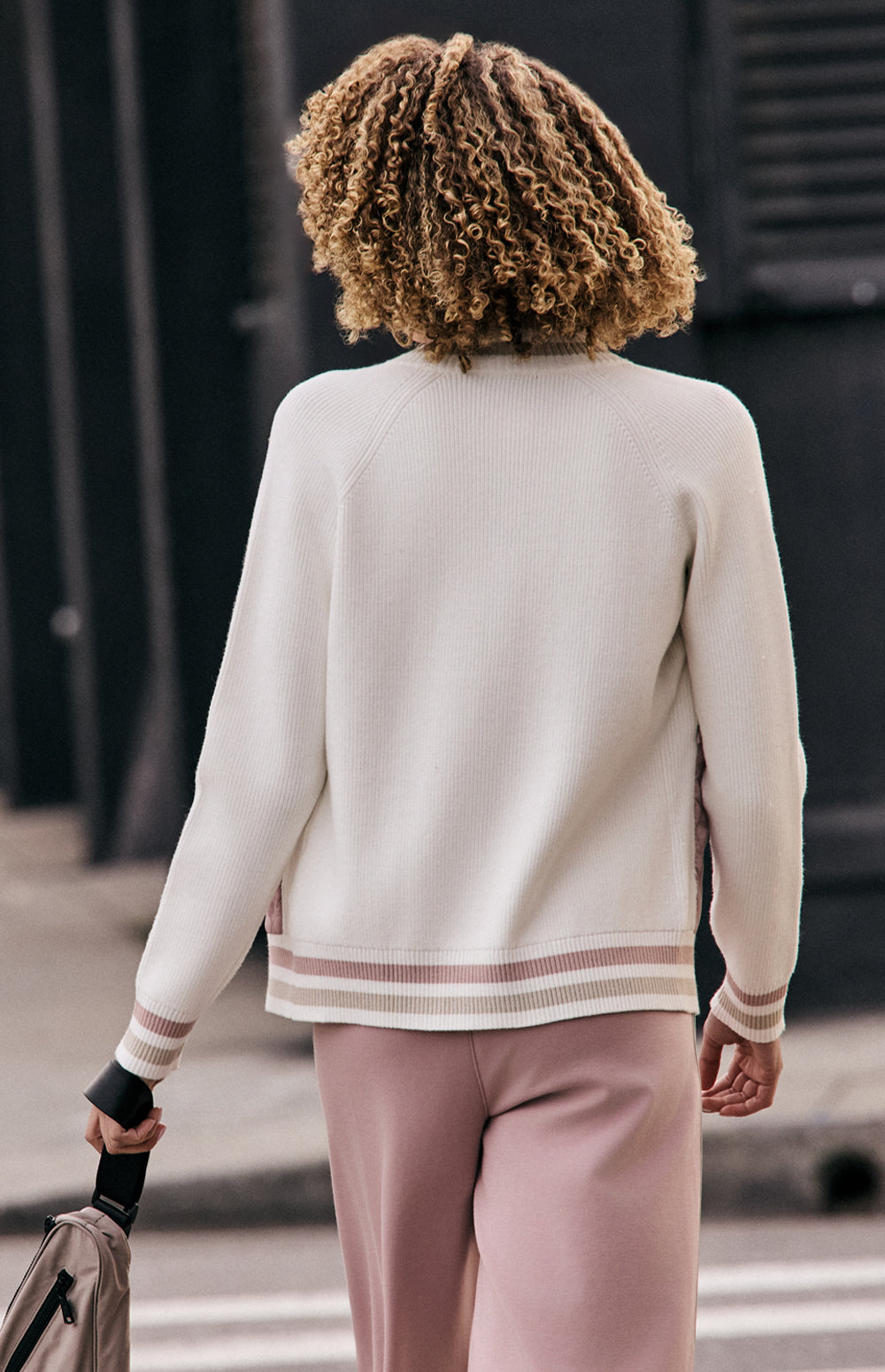 Alp N Rock Harlow Jacket, pink jacket for women with knit sleeves, stripe trim, and quilted body.