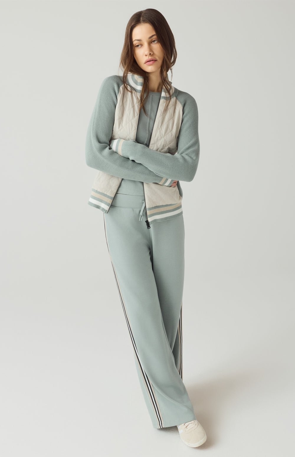 Alp N Rock Harlow Jacket, silver blue jacket for women with knit sleeves, stripe trim, and quilted body.