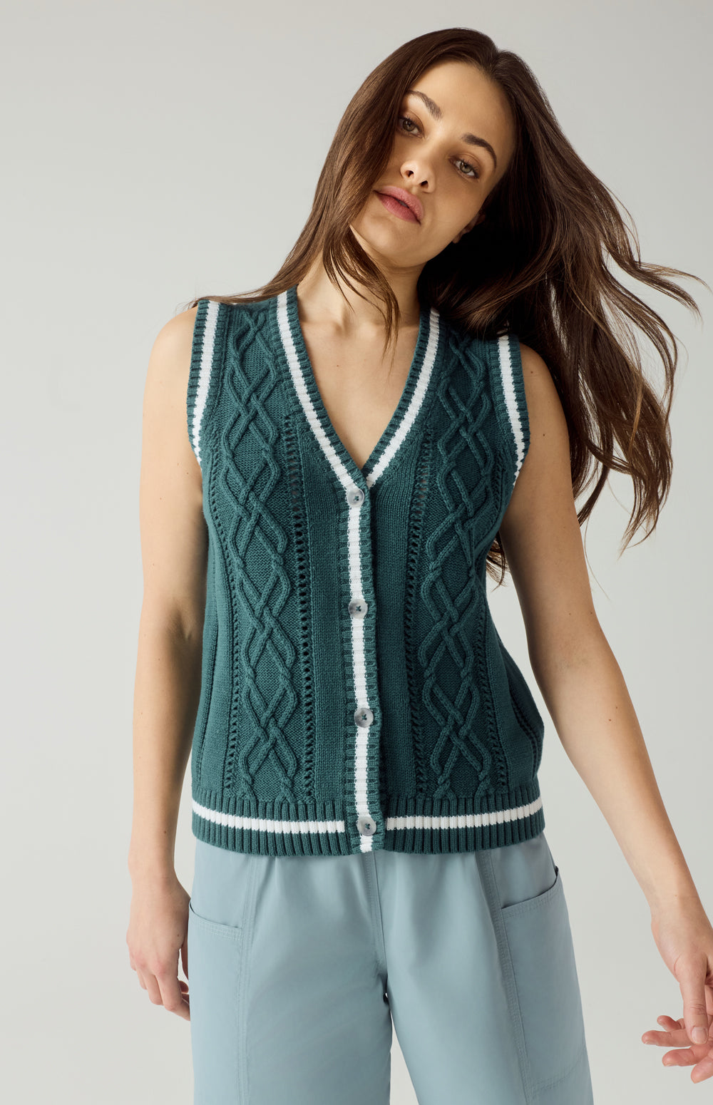 Alp N Rock Jade Sweater Vest, teal button front cable knit sweater vest for women