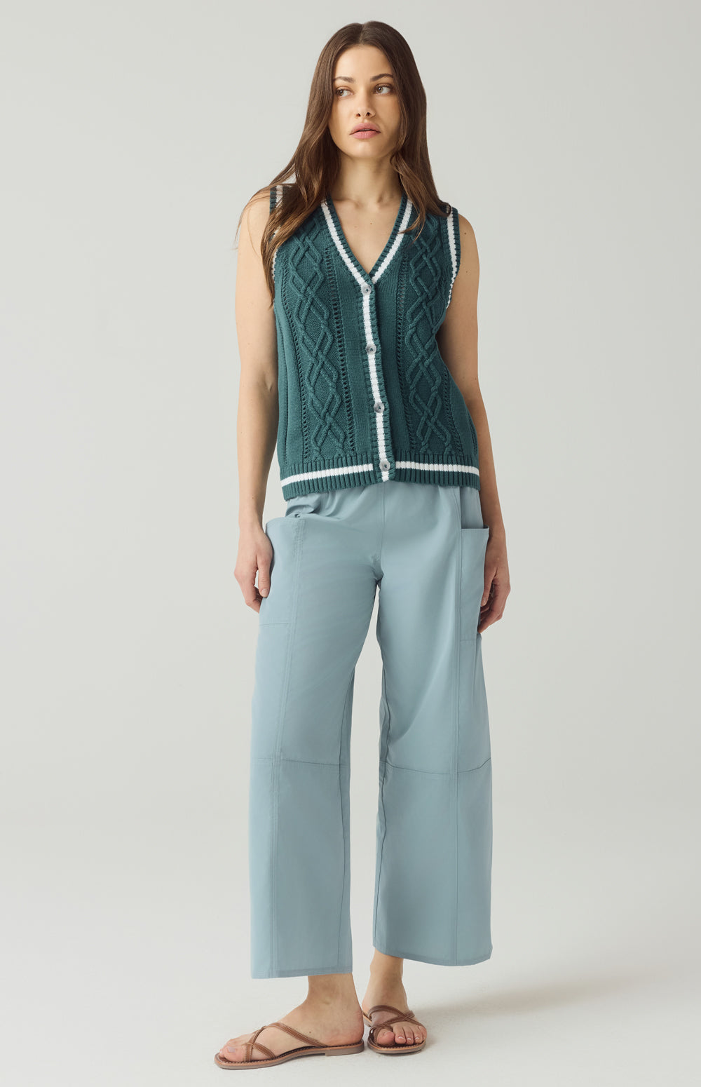 Alp N Rock Jade Sweater Vest, teal button front cable knit sweater vest for women