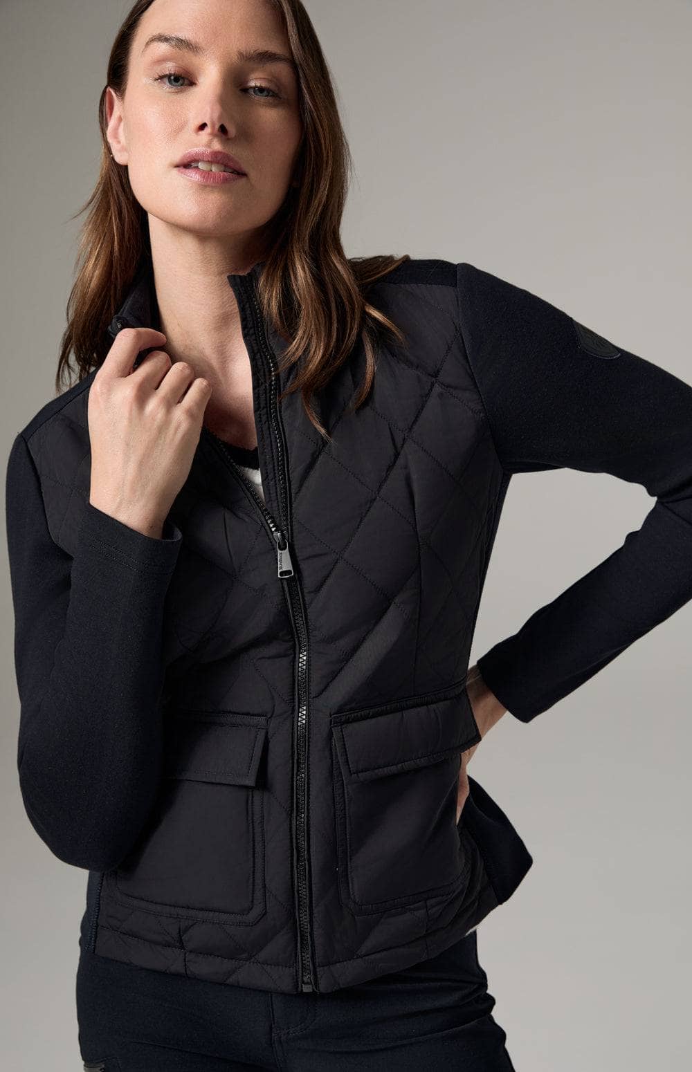 Alp N Rock Kara Hybrid Jacket, Women's Black Jacket with Knit Sleeves, Quilting, and Patch Pockets