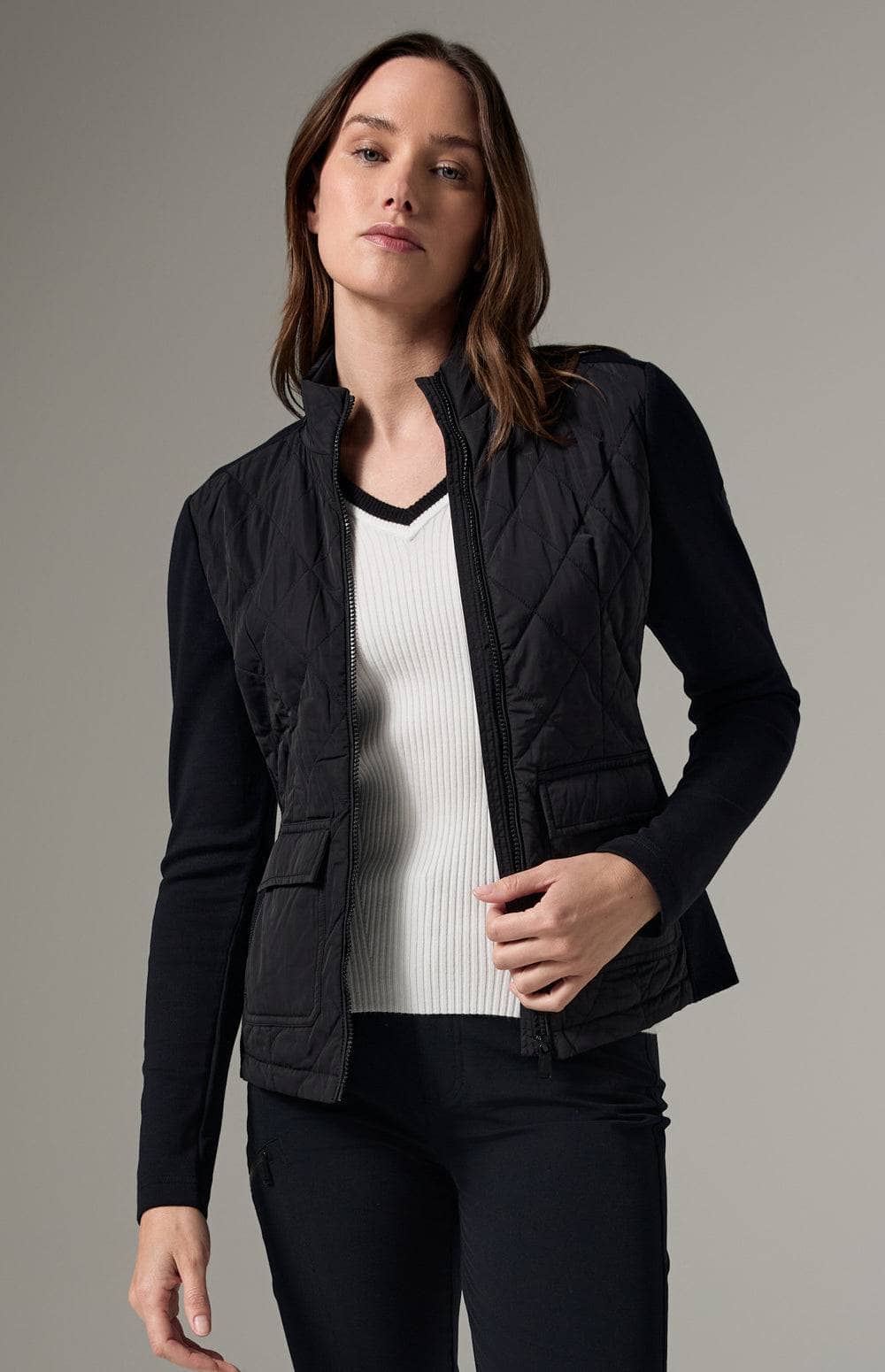 Alp N Rock Kara Hybrid Jacket, Women's Black Jacket with Knit Sleeves, Quilting, and Patch Pockets