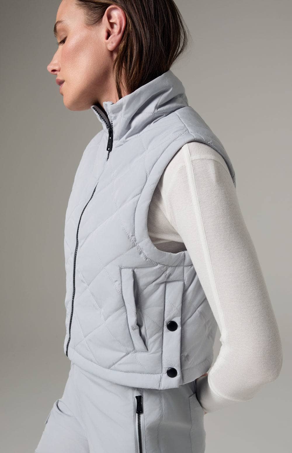 Alp N Rock Lucerne Vest, Women's Silver Grey Quilted Cropped Vest with Pockets and Snap Closure at the Sides