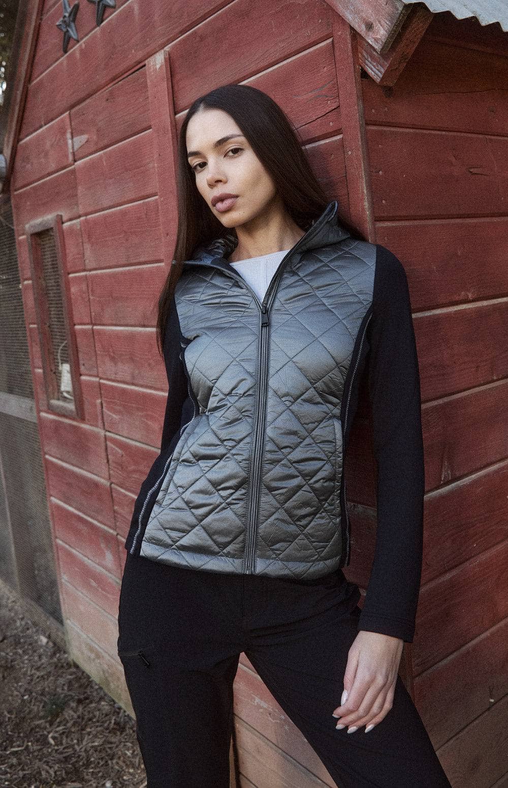 Alp N Rock Meadow Jacket, Women's Charcoal Grey Hooded Jacket with Quilted Front and Black Knit Fabric Sides and Back