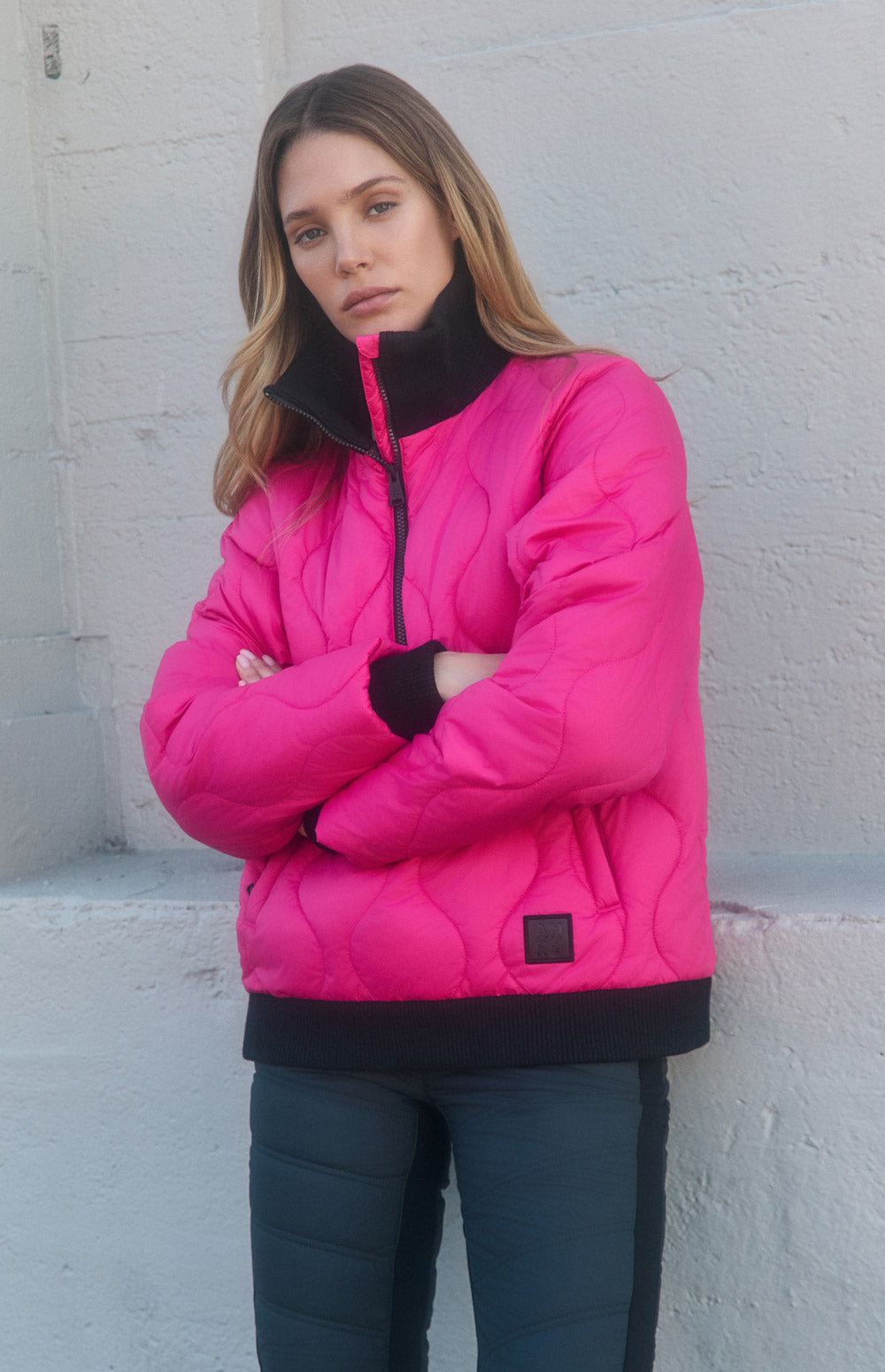 Alp N Rock Nelly Jacket, bright pink half zip pullover jacket for women with black stretch knit collar