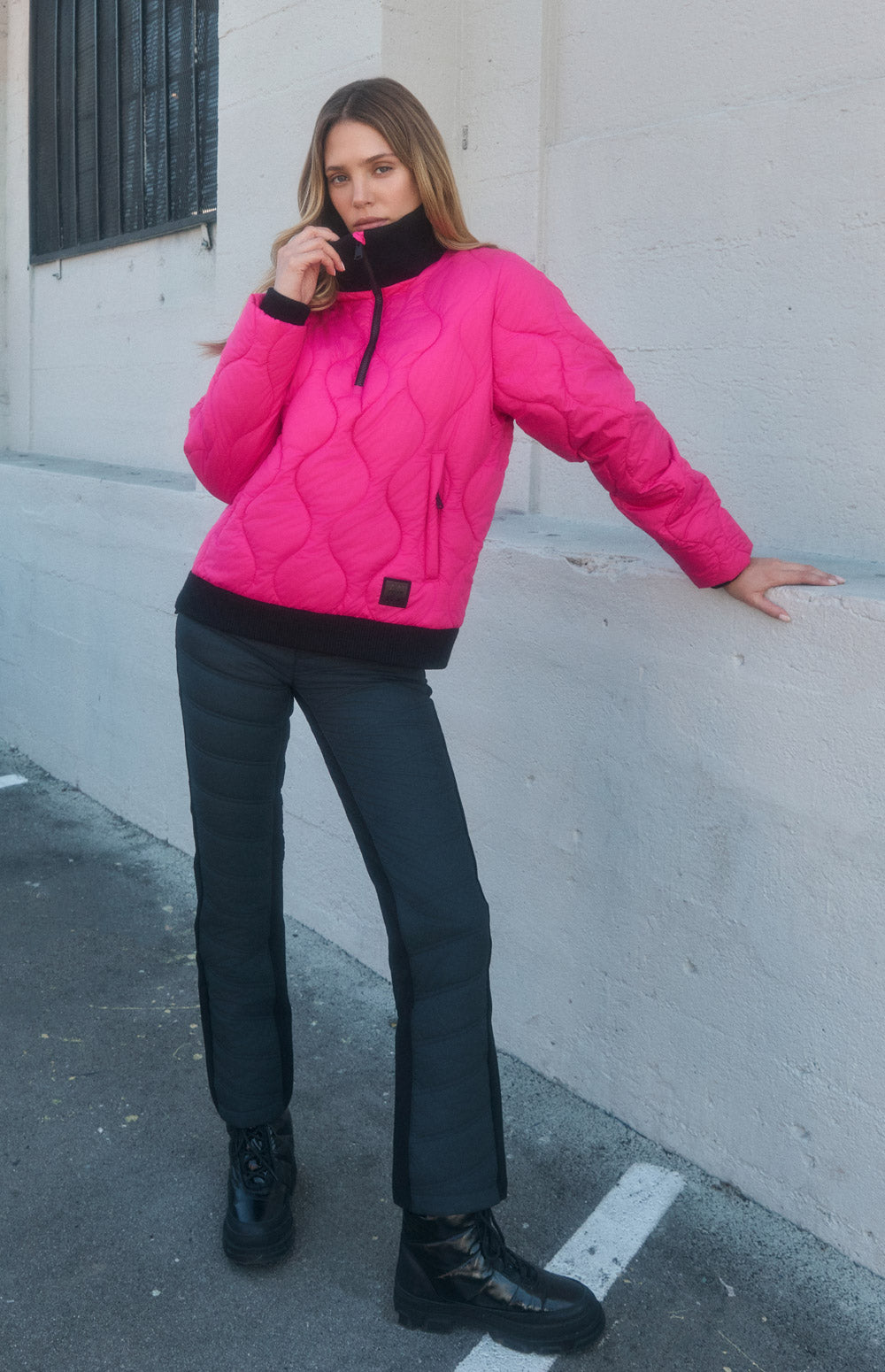 Alp N Rock Nelly Jacket, bright pink half zip pullover jacket for women with black stretch knit collar
