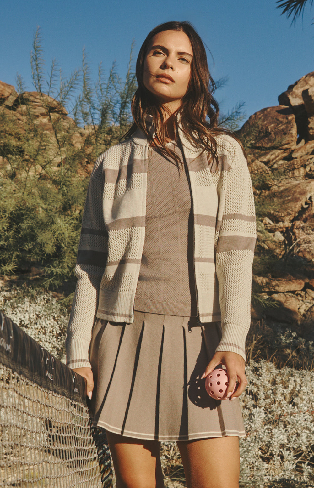 Alp N Rock Sabrina Jacket, beige pointelle stripe zip front jacket for women