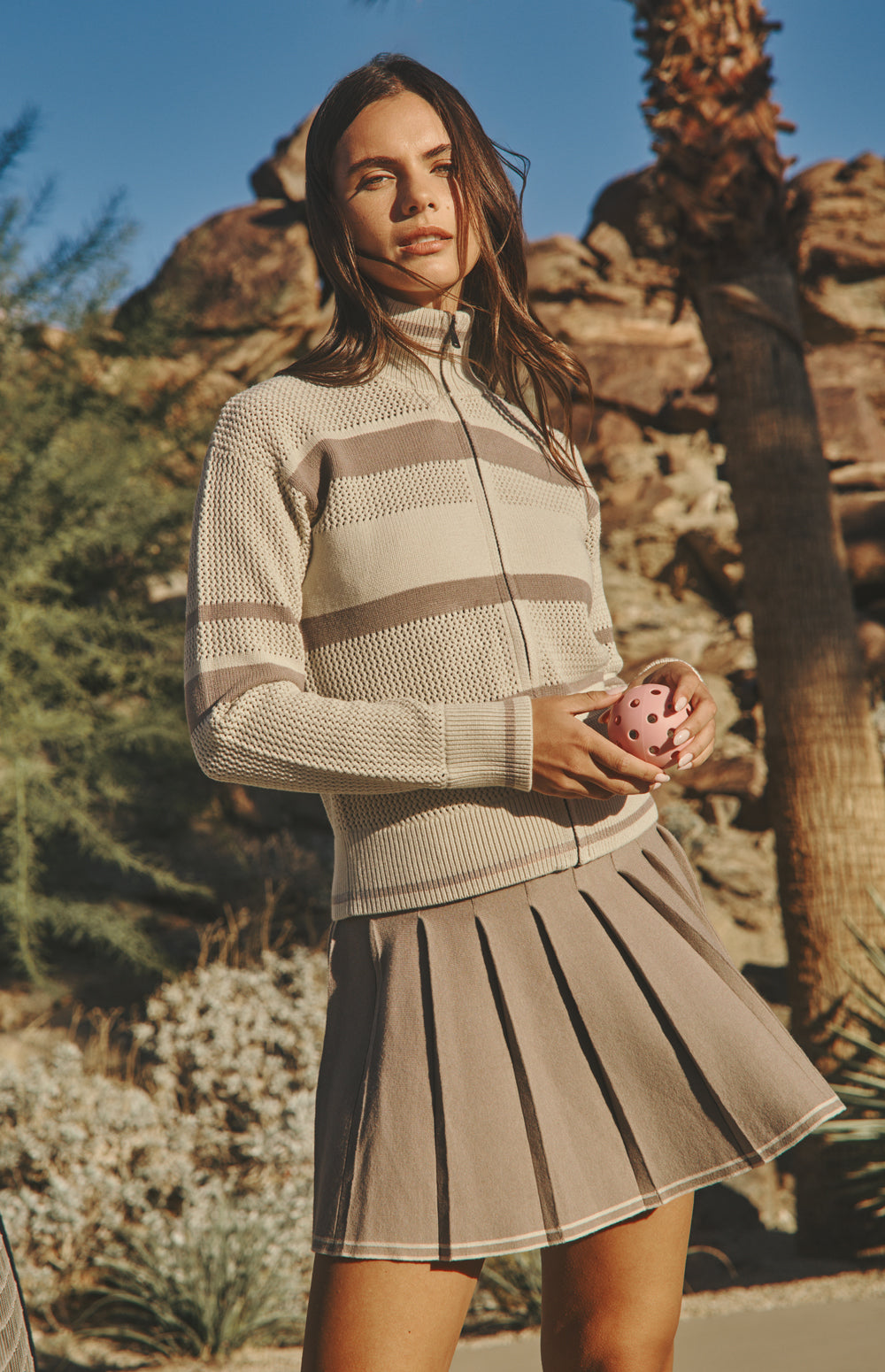 Alp N Rock Sabrina Jacket, beige pointelle stripe zip front jacket for women