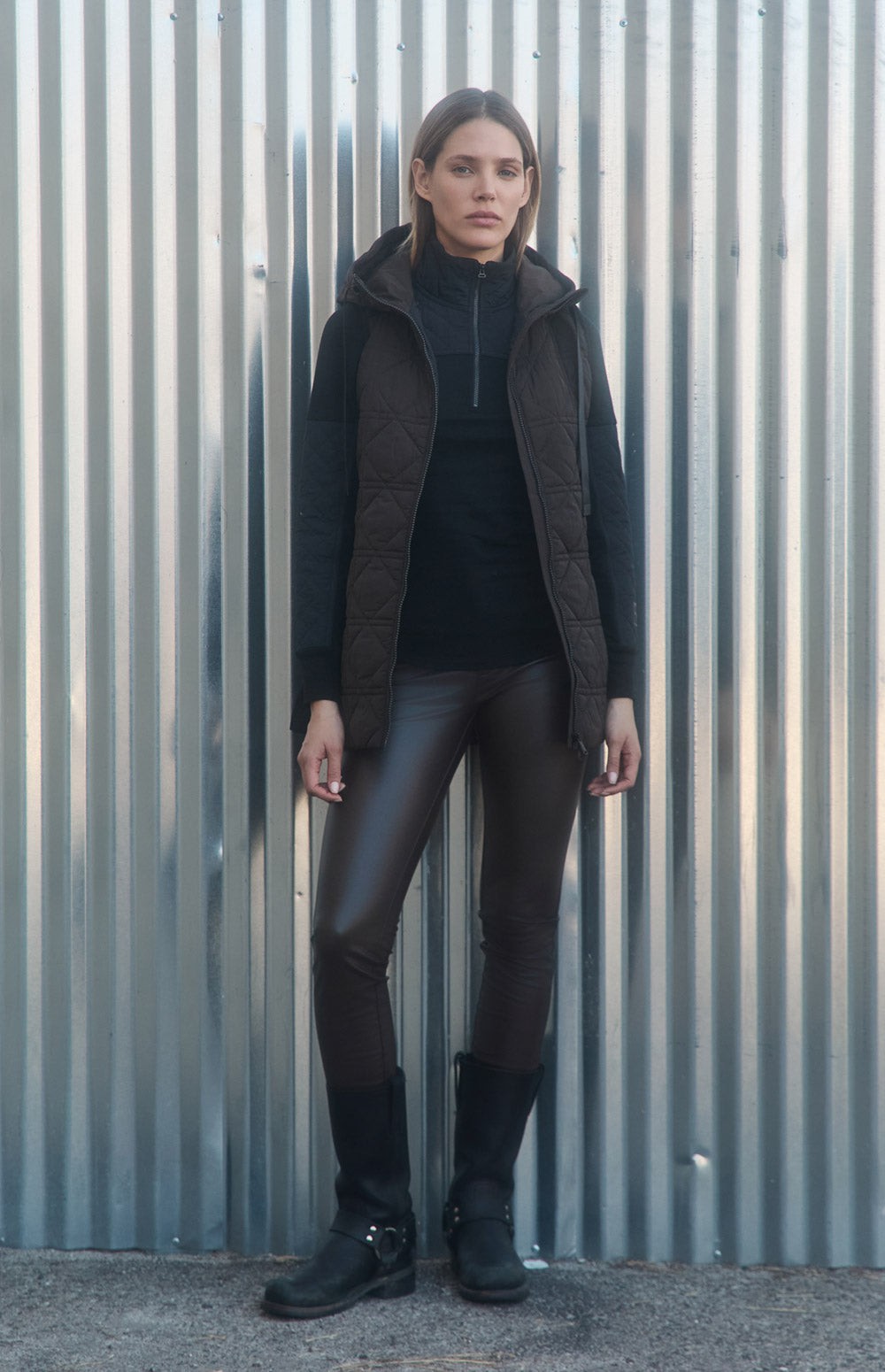 Alp N Rock Sinclair Vest, dark brown long puffer vest for women with hood