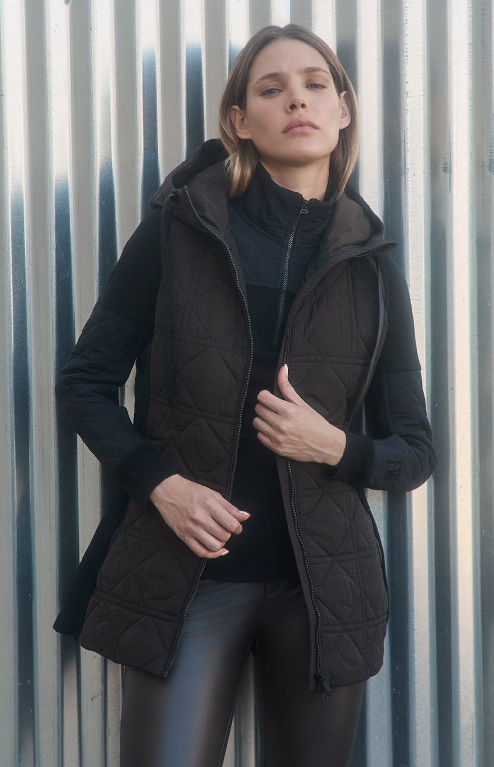 Alp N Rock Sinclair Vest, dark brown long puffer vest for women with hood